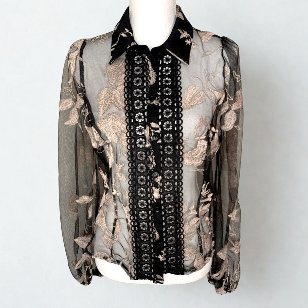 Peach Mesh Embroidered Floral Boho Top Blouse Size Large Black/Creme